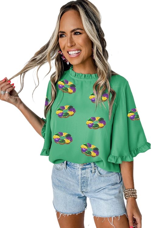 Chic Women's Green Sequin Doughnut Graphic Blouse with Ruffled Trim and Bell Sleeves for Mardi Gras