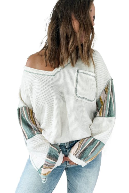 Women's White Striped Patchwork Exposed Seam Waffle Knit Long Sleeve Top