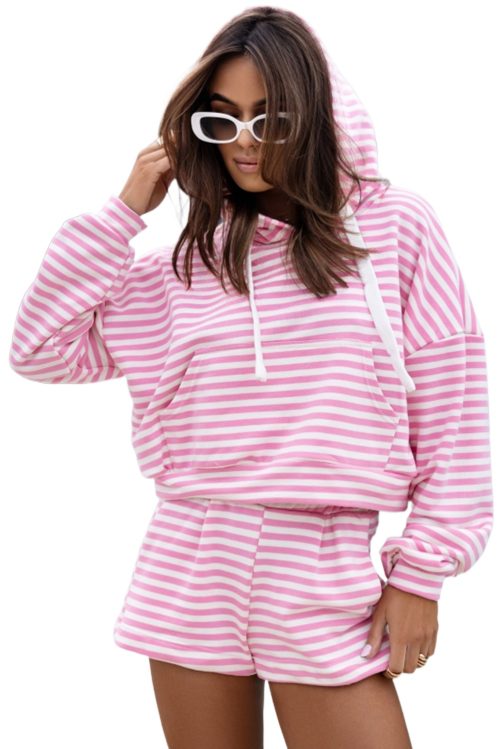 Women's Casual Pink Stripe Hoodie and Wide Leg Shorts Set