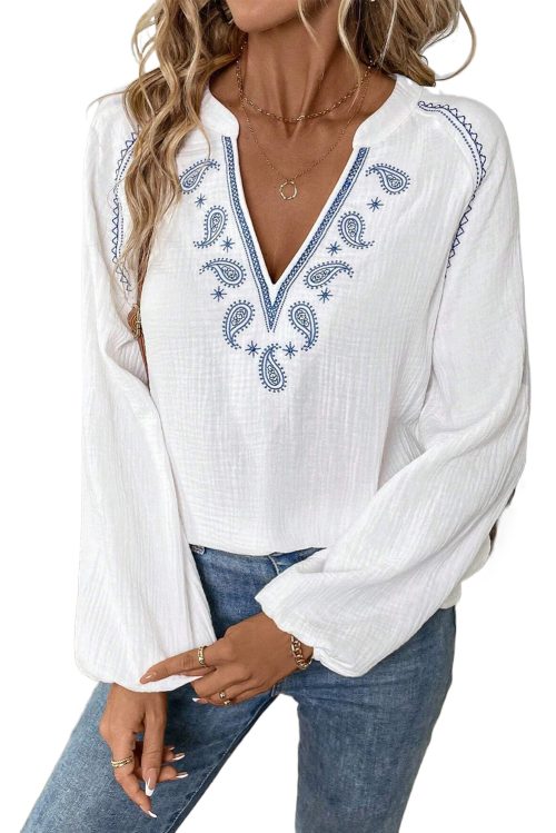 Women's White Paisley Embroidered Textured Split Neck Long Puff Sleeve Blouse