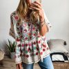 Women's White Boho Floral Print Ruffle Trim Blouse - Short Sleeve Round Neck - Image 3