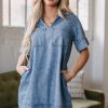 Women's Beau Blue Short Sleeve Collared Denim Mini Dress with Patched Pockets - Image 6