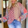 Women's Orange Mixed Floral Printed Long Sleeve Tied V Neck Blouse - Image 4