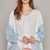 Women's White Abstract Floral Patchwork Batwing Sleeve V Neck Blouse - Image 3