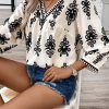 Women's Beige Vintage Geometric Printed 3/4 Sleeve V Neck Blouse - Image 3