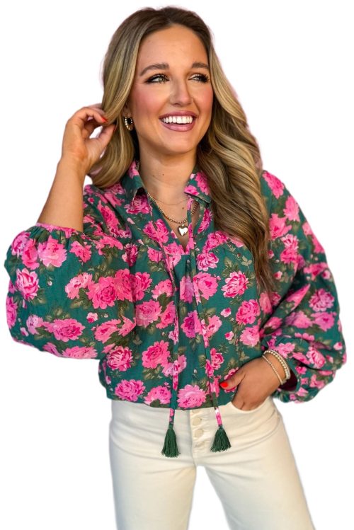 Women's Green Floral Printed Tied Collar Puff Sleeve Blouse - Elegant and Charming