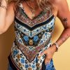 Bohemian Women's Red Mixed Floral Chevron Pattern Dip Hem Spaghetti Straps Tank Top - Image 6