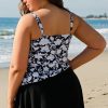 Black Plus Size Printed Square Neck Drawstring Ruffled Tankini Set for Women - Image 2