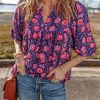 Women's Purple Floral Half Sleeve Split Neck Blouse - Chic Summer Top - Image 5