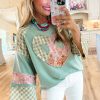 Women's Clearly Aqua Plaid Floral Peace Heart Graphic Wide Long Sleeve Top - Image 4