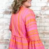 Plus Size Vitality Orange Geometric Embroidered Bell Sleeve Babydoll Blouse - Image 2