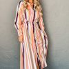 Women's White Multicolor Striped Cuffed Sleeve Tassel Tied Maxi Dress - Image 3