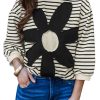 Women's Black and White Striped 3/4 Sleeve Top with Big Flower Patch - Image 12