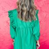 Women's Bright Green Embroidered 3/4 Sleeve V Neck Mini Dress - Image 2