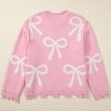 Women's Pink Pearl Beaded Bowknot Pattern Distressed Split Hem Sweater - Image 7