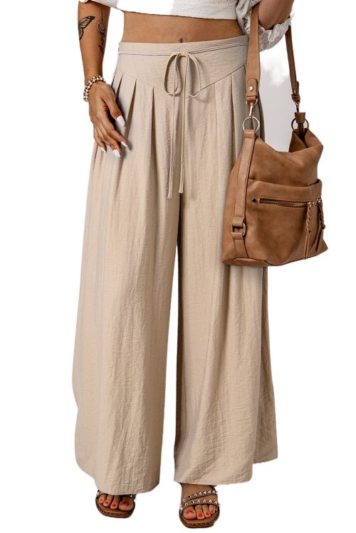 Women's Beige Drawstring Waist Pleated Wide Leg Casual Pants