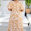 Plus Size Apricot Floral Print Puff Short Sleeve Maxi Dress for Women - Image 2