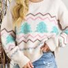 Women's White Striped Christmas Tree Drop Shoulder Sweater with Ribbed Trim - Image 2