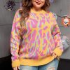 Plus Size Bright Pink Leopard Ribbed Trim Long Sleeve Sweater - Image 4