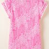 Women's Pink Abstract Print Flutter Sleeve Notch V Neck Blouse with Ric Rac Trim - Image 6