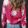 Women's Bright Pink Daisy Flower Crew Neck Long Sleeve Sweater – Cozy & Stylish - Image 3