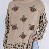 Women's Khaki Sequin Turkey Leopard Mixed Pattern High Neck Sweater with Slits - Image 4