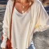 Women's Oversized White Waffle Knit Exposed Seam V Neck Top - Image 3