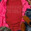 Women's Red Rhinestone MERRY Letter Graphic Christmas Sweatshirt - Image 3