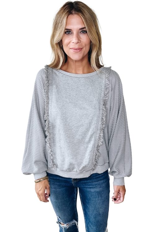 Women's Light Grey Waffle Patchwork Long Sleeve Pullover Top