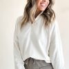 Women's White Zipped Neck Pullover Drop Shoulder Sweatshirt - Image 2