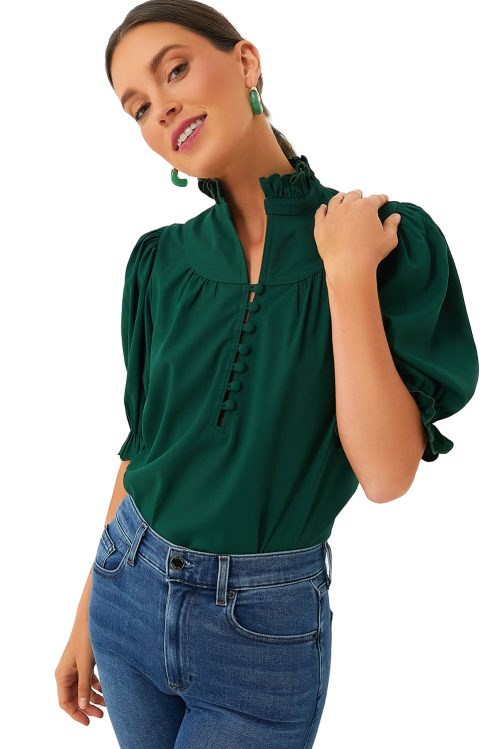 Elegant Women's Blackish Green Solid Blouse with Puff Sleeves and Frilled Trim