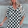 Women's Black Checkerboard Print V Neck Loose Tee and Shorts Lounge Set - Image 3