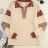 Women's Light French Beige Striped Colorblock Patchwork Collar Sweatshirt - Image 3