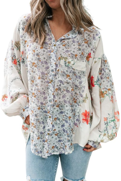 Women's Purple Boho Floral Bishop Sleeve Button Up Loose Shirt