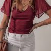 Women's Red Dahlia Slim Fit V Neck Top with Mesh Ruffled Sleeves - Image 3