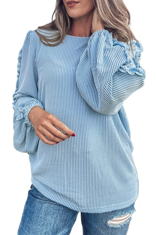 Women's Mist Blue Corded Frilly Puff Sleeve Round Neck Blouse for Casual Elegance