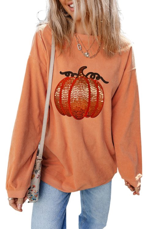 Women's Orange Sequined Pumpkin Round Neck Halloween Sweatshirt