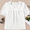 Women's White Embroidered Lace Patchwork Tie Neck Puff Short Sleeve Blouse - Image 16