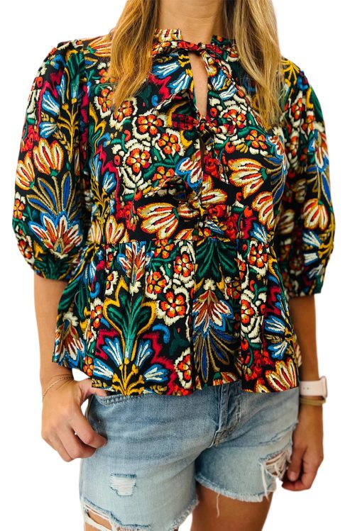 Women's Black Tropical Print Bubble Sleeve Knot Front Blouse for Summer Style