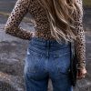 Smoke Grey Leopard Print Long Sleeve Scoop Neck Slim Fit Bodysuit - Image 2