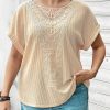 Women's Plus Size Beige Lace Crochet Patched Cable Knit Top with Cuffed Short Sleeves - Image 6