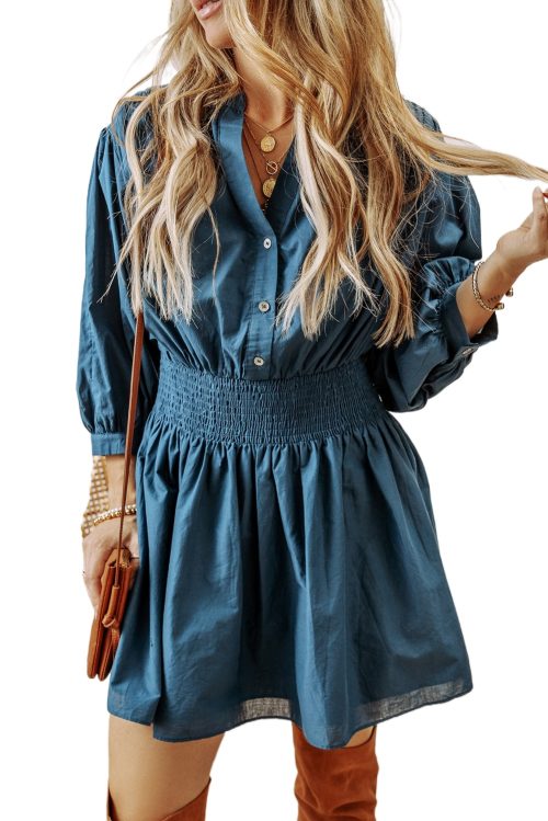 Prussian Blue 3/4 Sleeve Shirred High Waist Buttoned Mini Dress