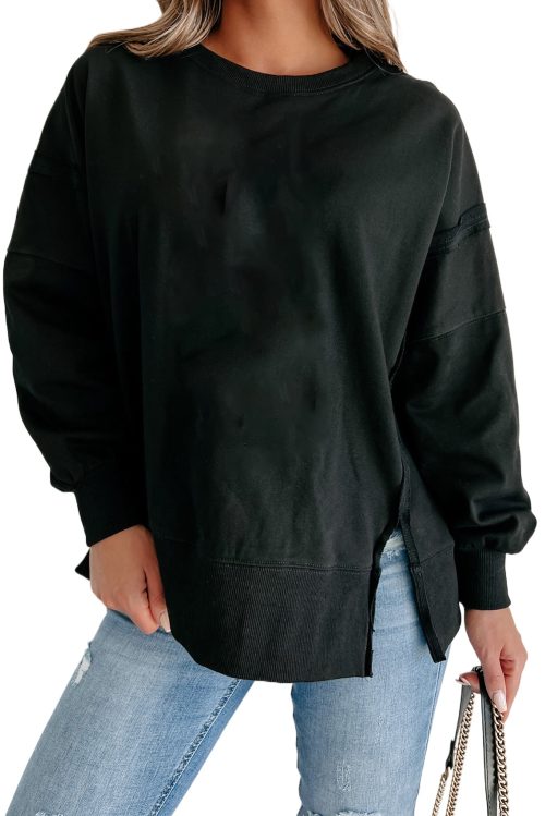 Women's Black Exposed Seam Drop Shoulder Round Neck Sweatshirt with Slits