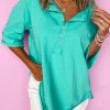 Women's Mint Green Solid Color Half Sleeve Button Henley Top - Image 9