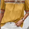 Chic Mustard Geometric Short Puff Sleeve Blouse with Frilled Collar - Image 10