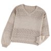 Women's Brown Eyelet Pattern V Neck Drop Shoulder Sweater - Casual Chic for Fall - Image 29