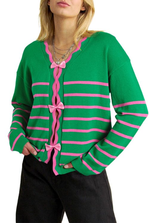 Women's Green Stripe Colorblock Cardigan with Cute Bow Detail