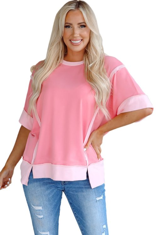 Women's Peach Blossom Half Sleeve Top with Raw Seam and High Low Side Split