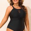 Plus Size Black Halter Mesh Insert One Piece Swimsuit with Knotted Back - Image 6