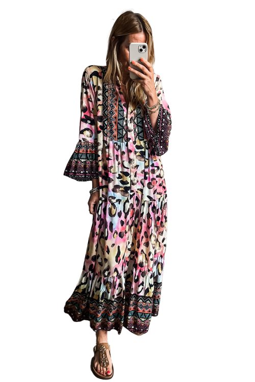 Women's Pink Western Leopard Printed 3/4 Sleeve Buttoned Front Tiered Maxi Dress